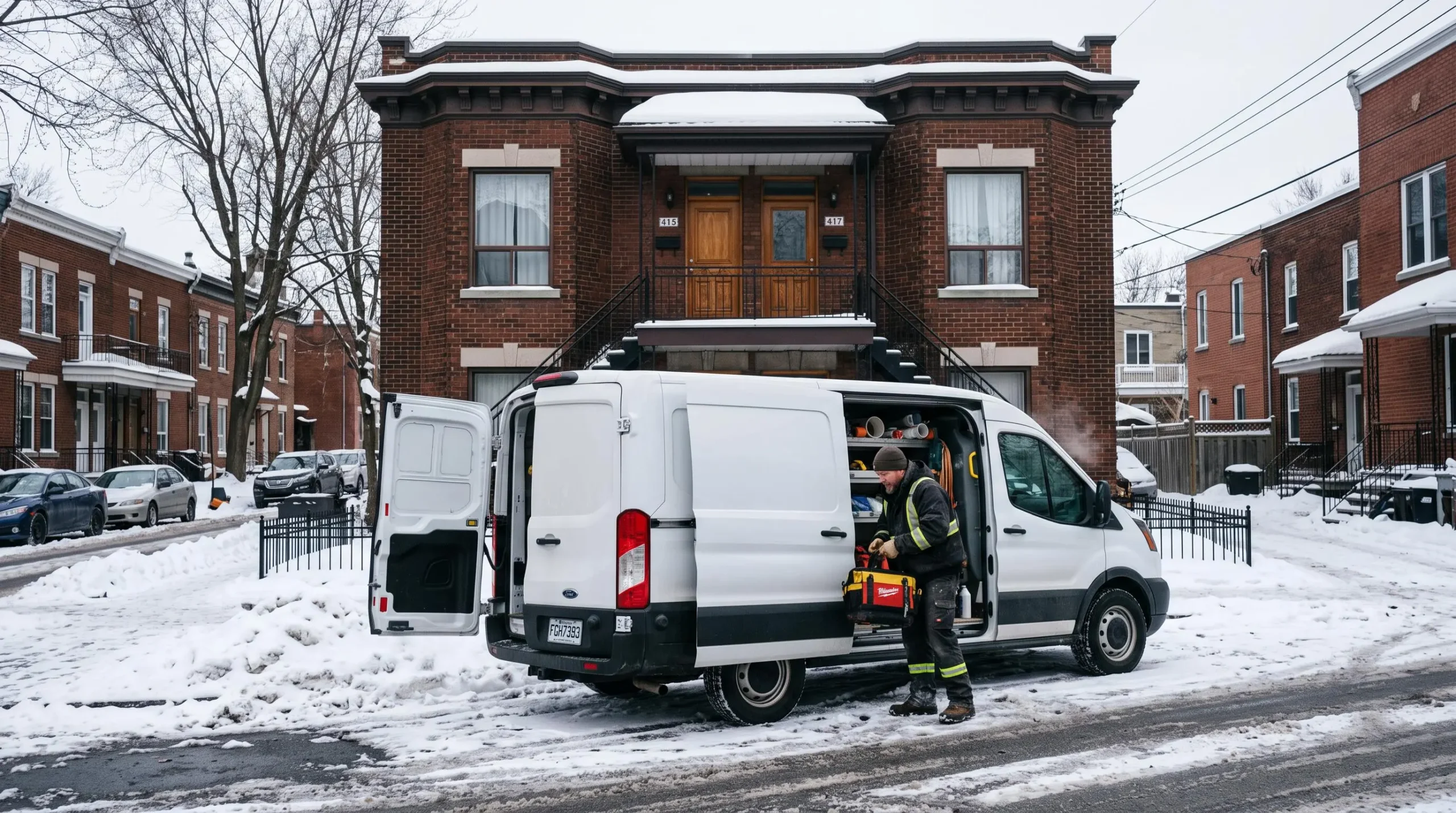 Camion de service de plomberie stationné devant une résidence montréalaise en hiver, plombier préparant son équipement