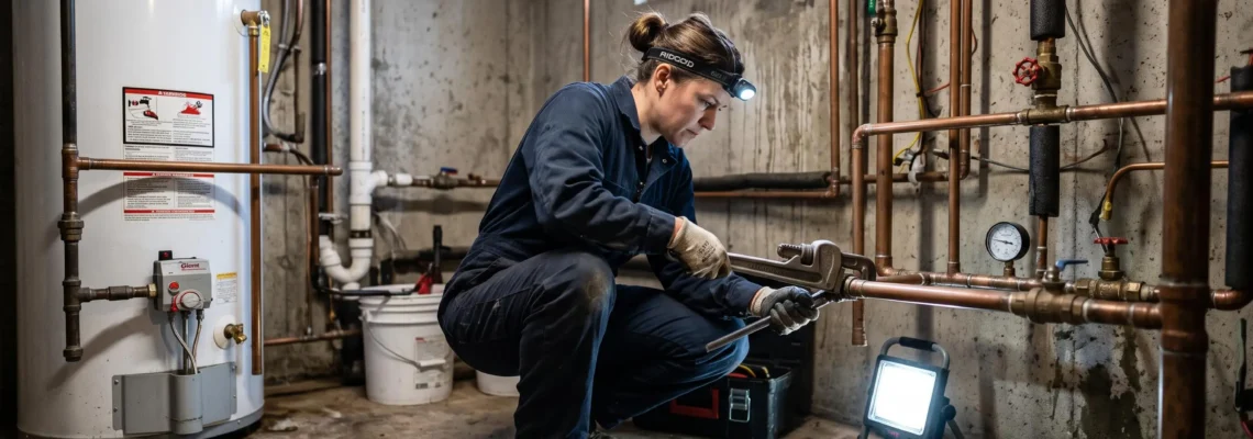 Plombier professionnel réparant une tuyauterie de cuivre dans un sous-sol résidentiel québécois avec une clé à pipe