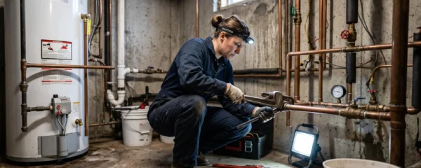 Plombier professionnel réparant une tuyauterie de cuivre dans un sous-sol résidentiel québécois avec une clé à pipe